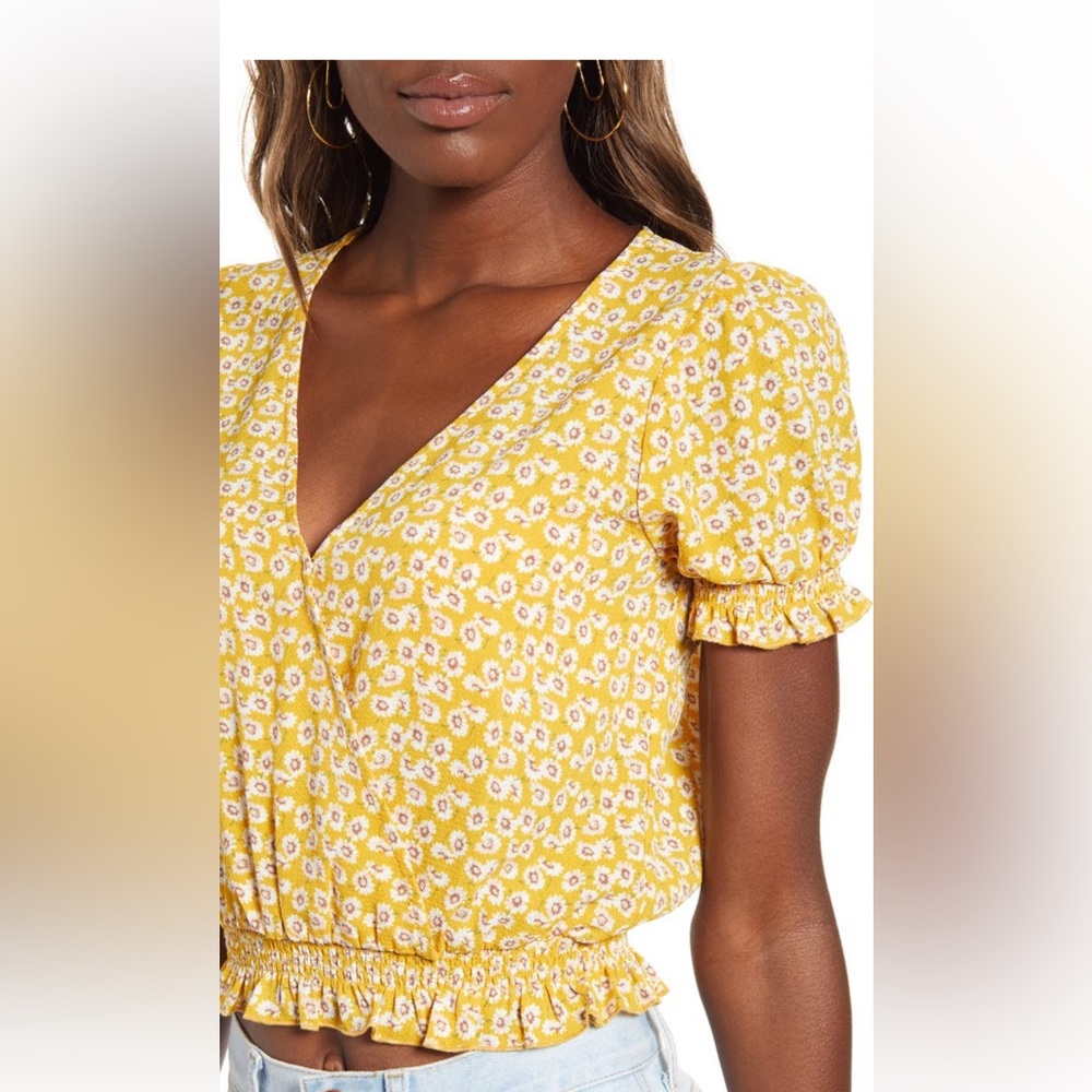 One Clothing Women's Puff Sleeve Front Wrap Crop Top, Yellow Floral,  MEDIUM - Picture 2 of 7